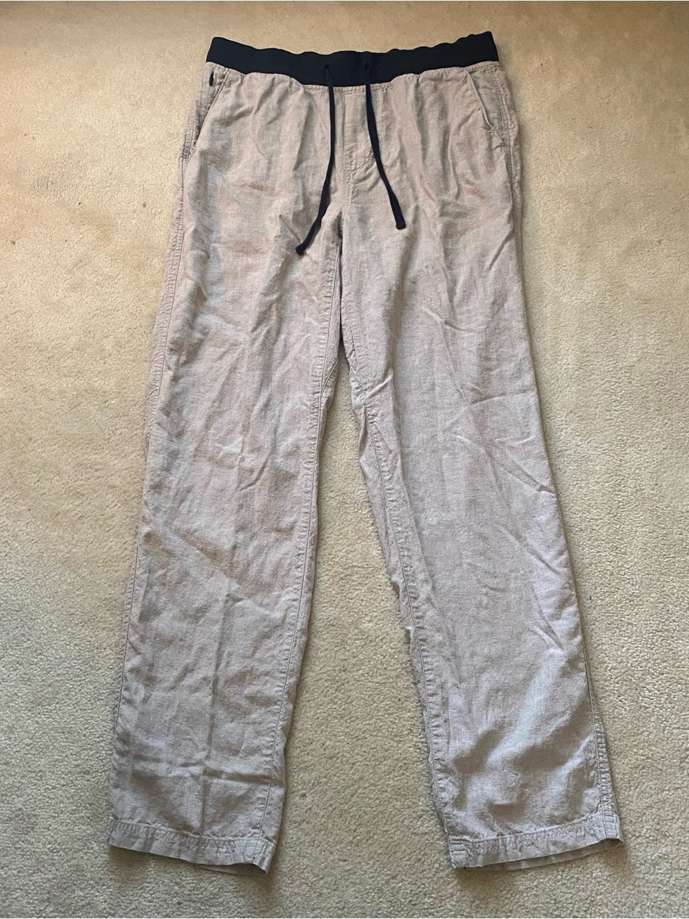 Prana Vaha Balance Pants Hemp Tencel Drawstring Mens Med/32 Sandbar Tan Straight